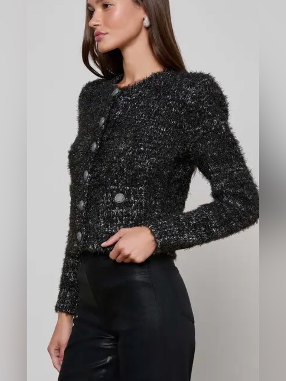 L'AGENCE Black Textured Bouclé Cropped Button Jacket